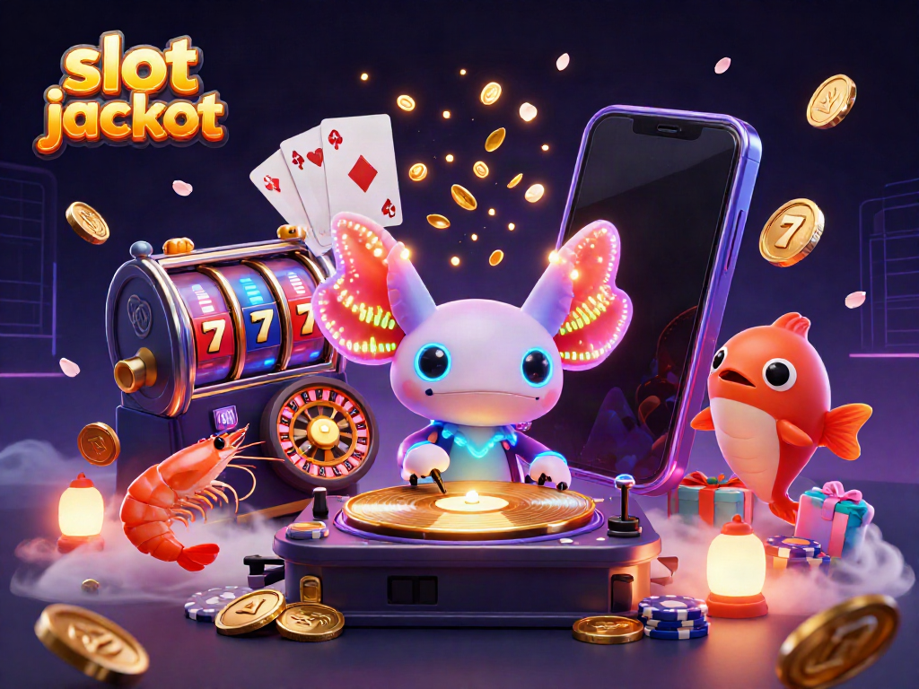 Experience vibrant gameplay with a slot jackpot theme, featuring a colorful axolotl DJ and dynamic casino elements.