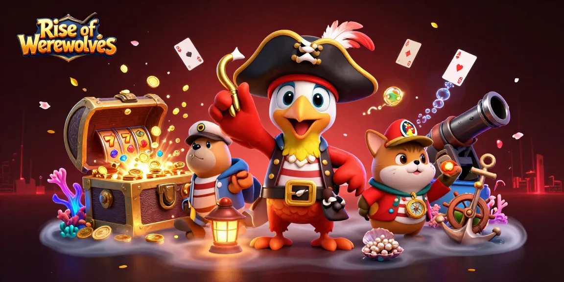 Engage with Rise of Werewolves as you play with pirates, showcasing vibrant slots and treasure in a lively scene.