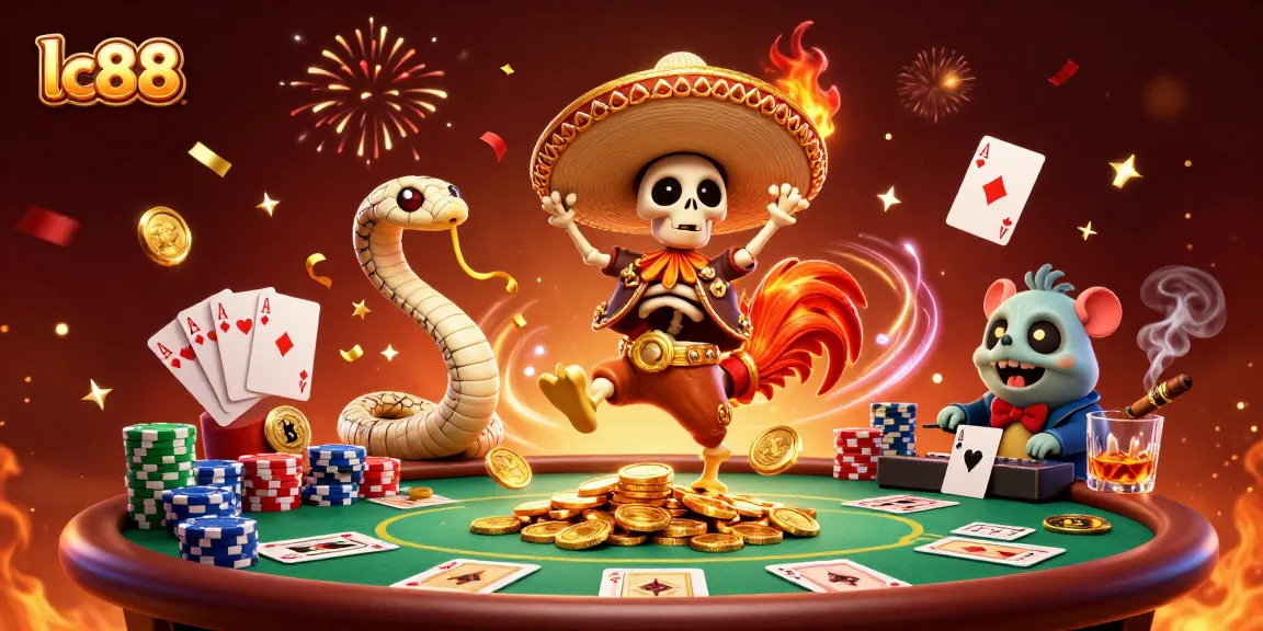 Win big with lc88 featuring a lively celebration of 3D casino characters and gambling elements