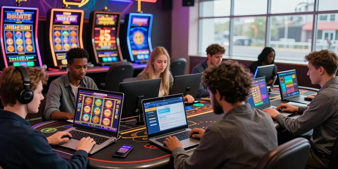 Engaged players enjoying their experience at credit card casinos with vibrant graphics and modern devices in a lively online setting.
