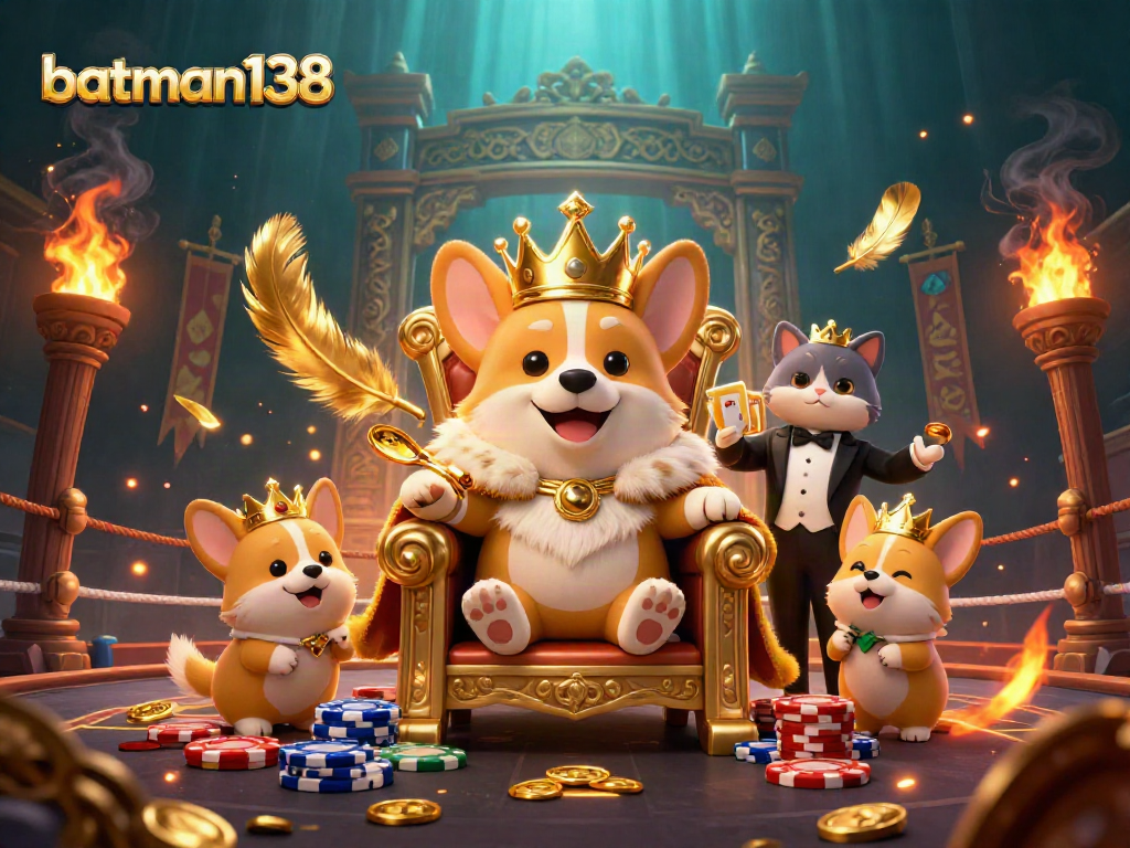 Engage with batman138: Legendary corgi king on poker chip throne, immersed in a dazzling gambling world.