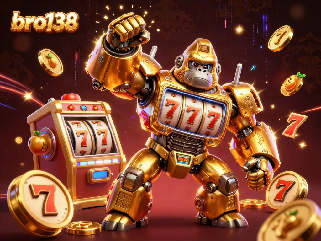 Win big with bro138 in a vibrant 3D casino scene featuring dynamic slot machine elements.