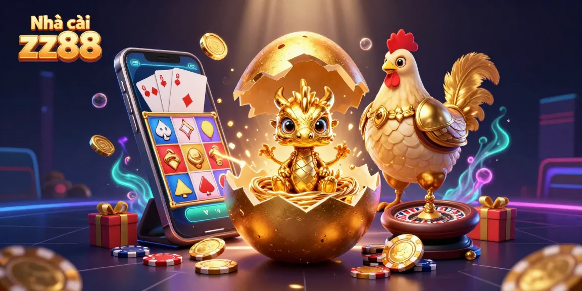 Experience the thrill at Nhà cái zx88 with a colossal golden egg revealing treasures and dazzling casino elements.
