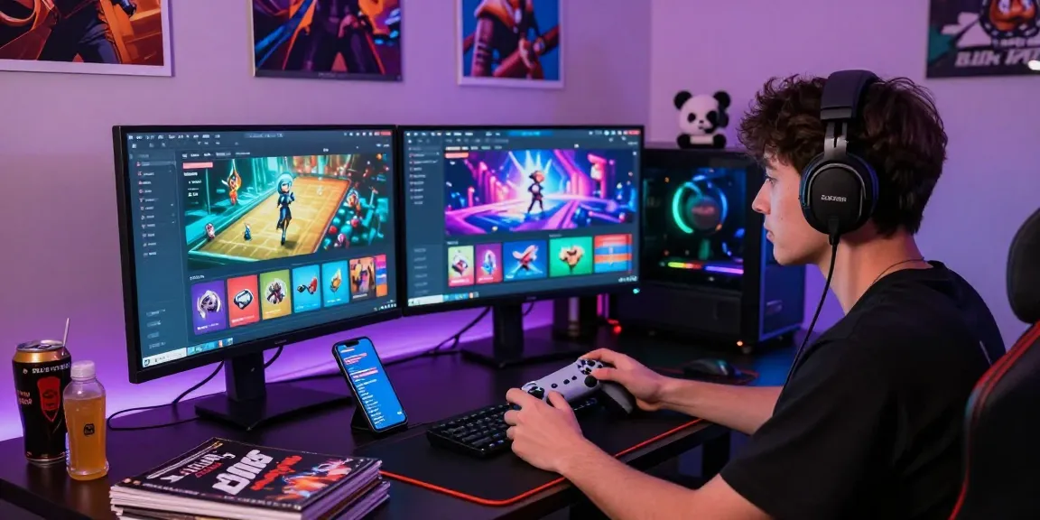 Engaged player at a SLOT7000 gaming setup with vibrant screens and gaming elements.