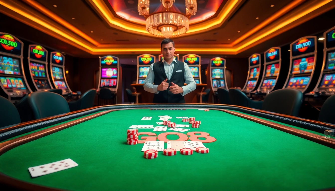GO8 gaming table with vibrant cards and poker chips showcasing a luxury casino experience