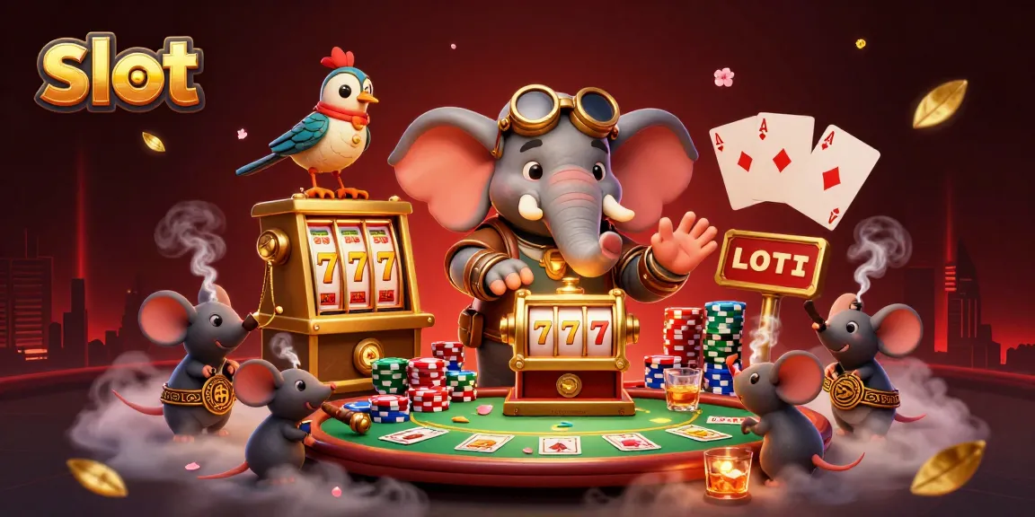 Engage with vibrant slot action, witnessing a steampunk elephant operate a golden machine with poker elements.