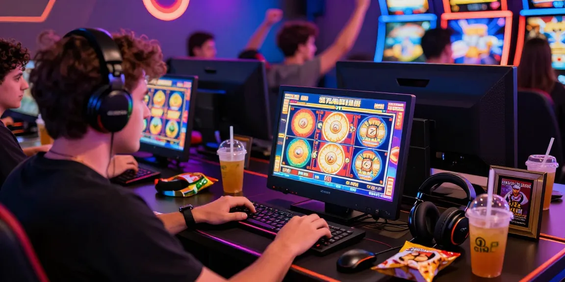 Action-packed gaming scene showcasing situs slot qris with animated slot machine screen, vibrant atmosphere.