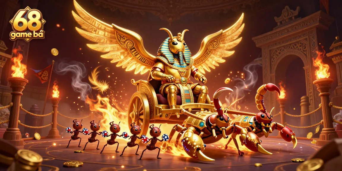 Engage in thrilling gameplay with 68 game bài featuring a golden scarab beetle and poker chips in a dazzling casino setting.
