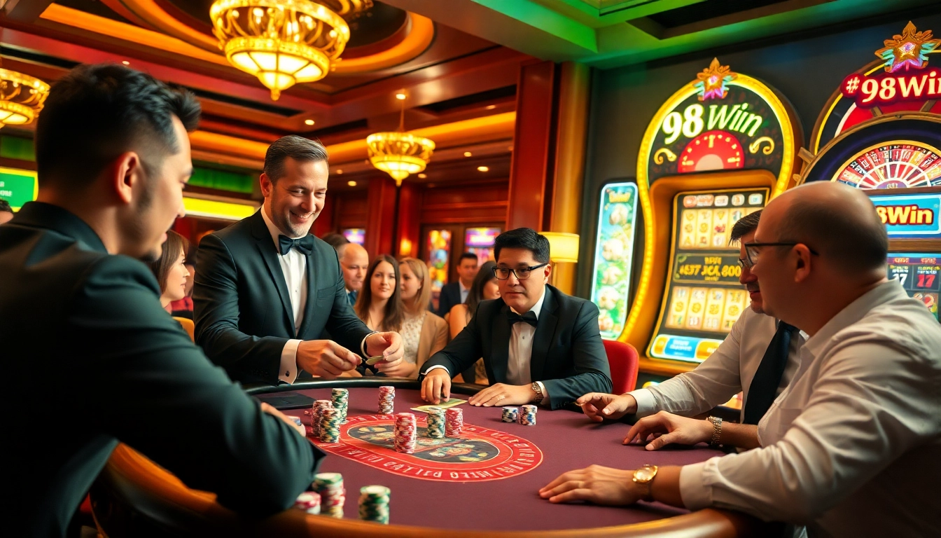 Experience high-stakes action at 98Win casino with engaging poker games and vibrant slot displays.