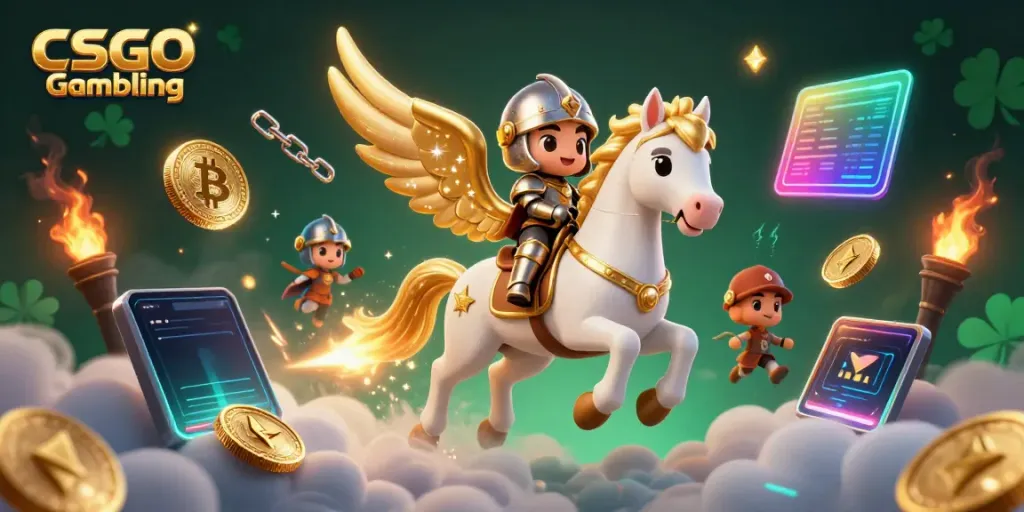 Experience CSGO Gambling with a celestial horse and knight amidst crypto coins and vibrant graphics.