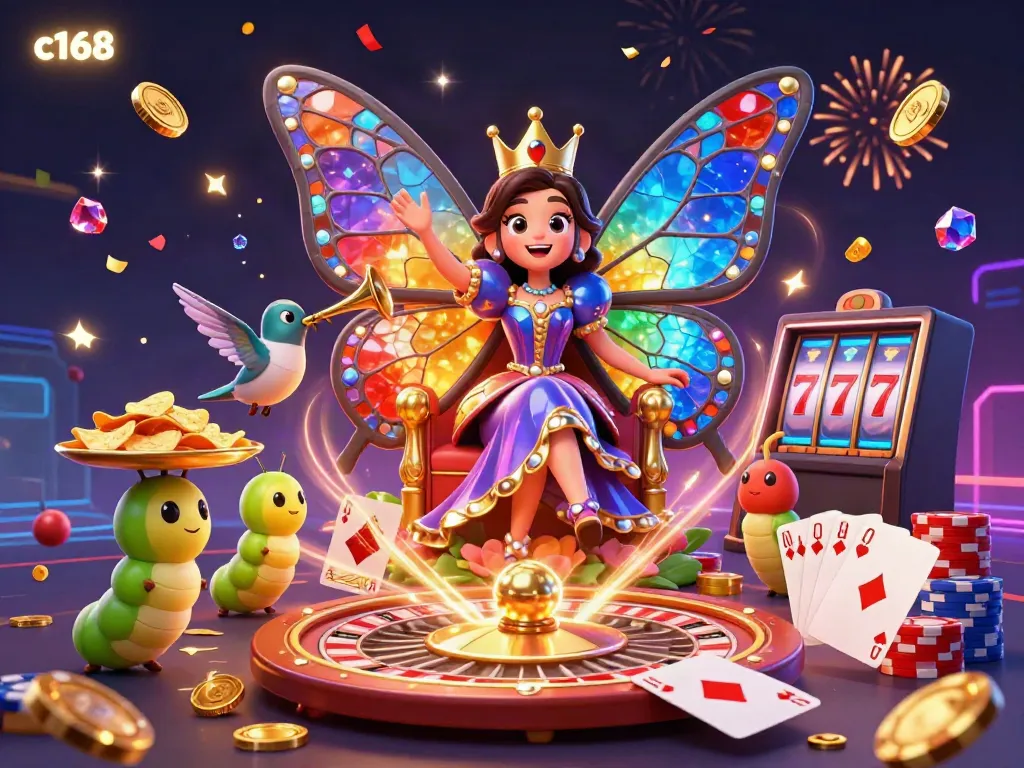 Experience excitement with c168 as the butterfly queen leads a vibrant casino scene filled with treasures.
