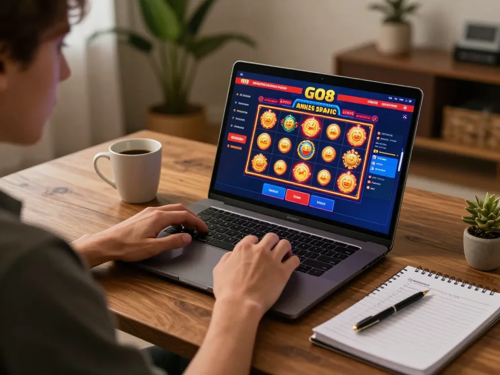 GO8 online gambling player strategizing at home with laptop and notebook.