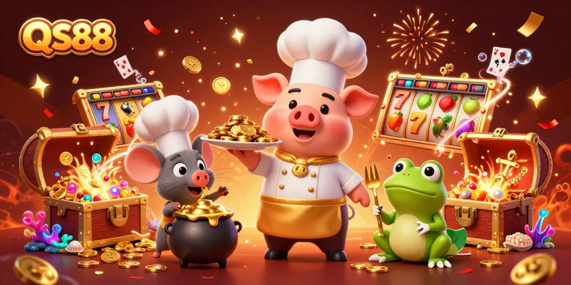 Experience the excitement of QS88 with vibrant illustrations of a chef pig serving gold and engaging gameplay elements.