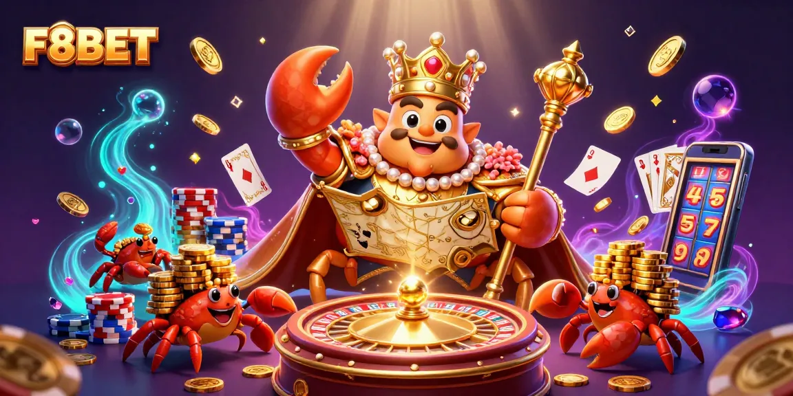 Win big with F8BET's exciting casino adventures featuring a golden crab emperor and treasures.