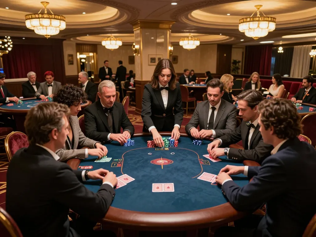VIPWIN players engaged in strategic poker at a luxurious casino table with elegant decor.