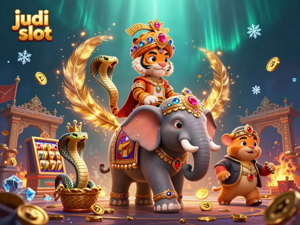 Menggandeng judi slot dalam ilustrasi 3D menarik dengan maharaja harimau dan elemen permainan yang kaya.