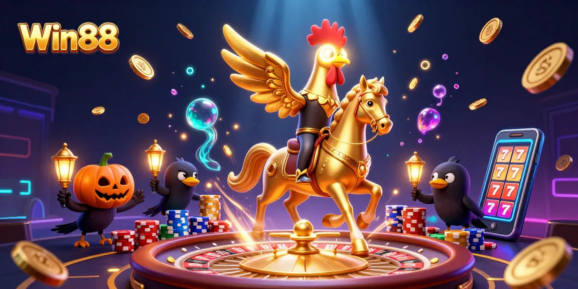 Win88 showcases a golden rooster headless horseman with dazzling casino elements in action.