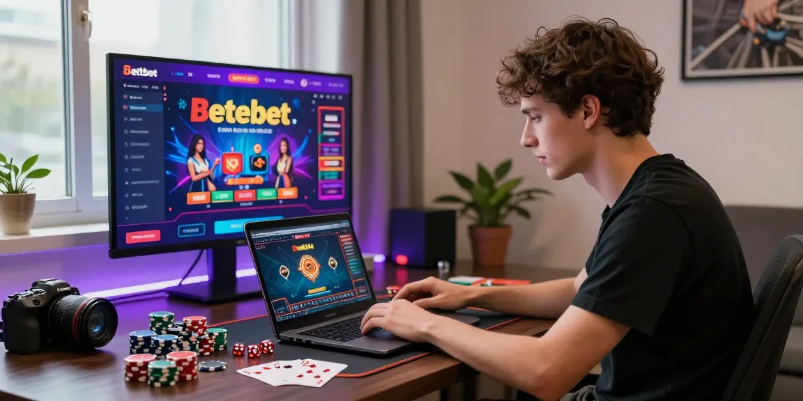 Engaged player exploring Betebet's online casino game on laptop, vibrant gaming setup.