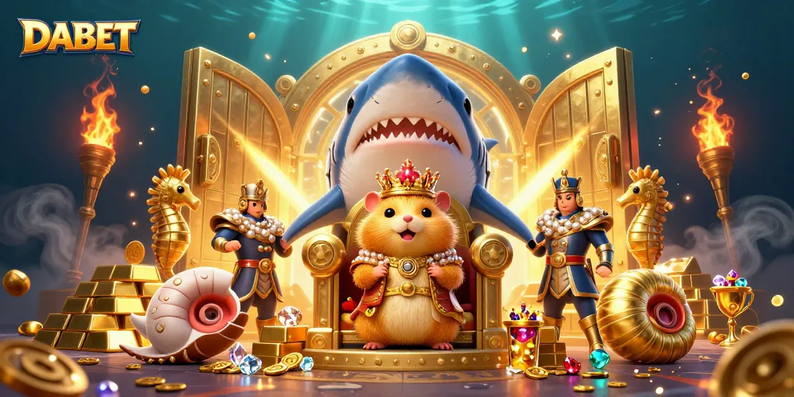 DABET showcases a vibrant underwater scene with a golden hamster king and casino treasures.