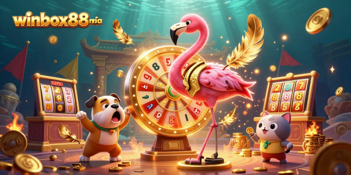 Spin the golden prize wheel at winbox88msia with excitement as the flamingo host and bulldog contestant create a thrilling atmosphere.
