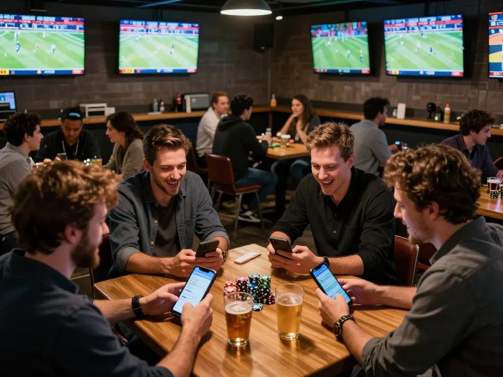 Engaged patrons betting live on sports using cm88 com in a vibrant sports bar atmosphere