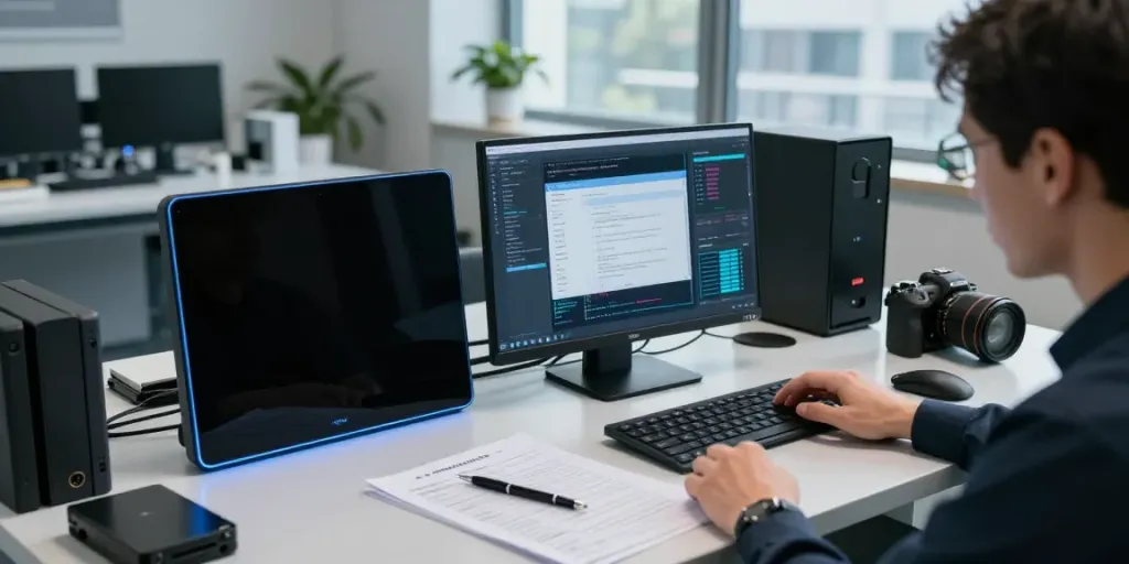 Investigator analyzing dark web data in a high-tech lab focused on the hidden wiki dark web.