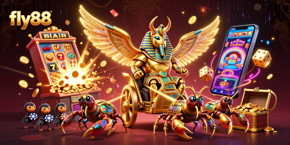 Experience the excitement of fly88 with a colorful 3D casino scene featuring dynamic characters and overflowing jackpots.