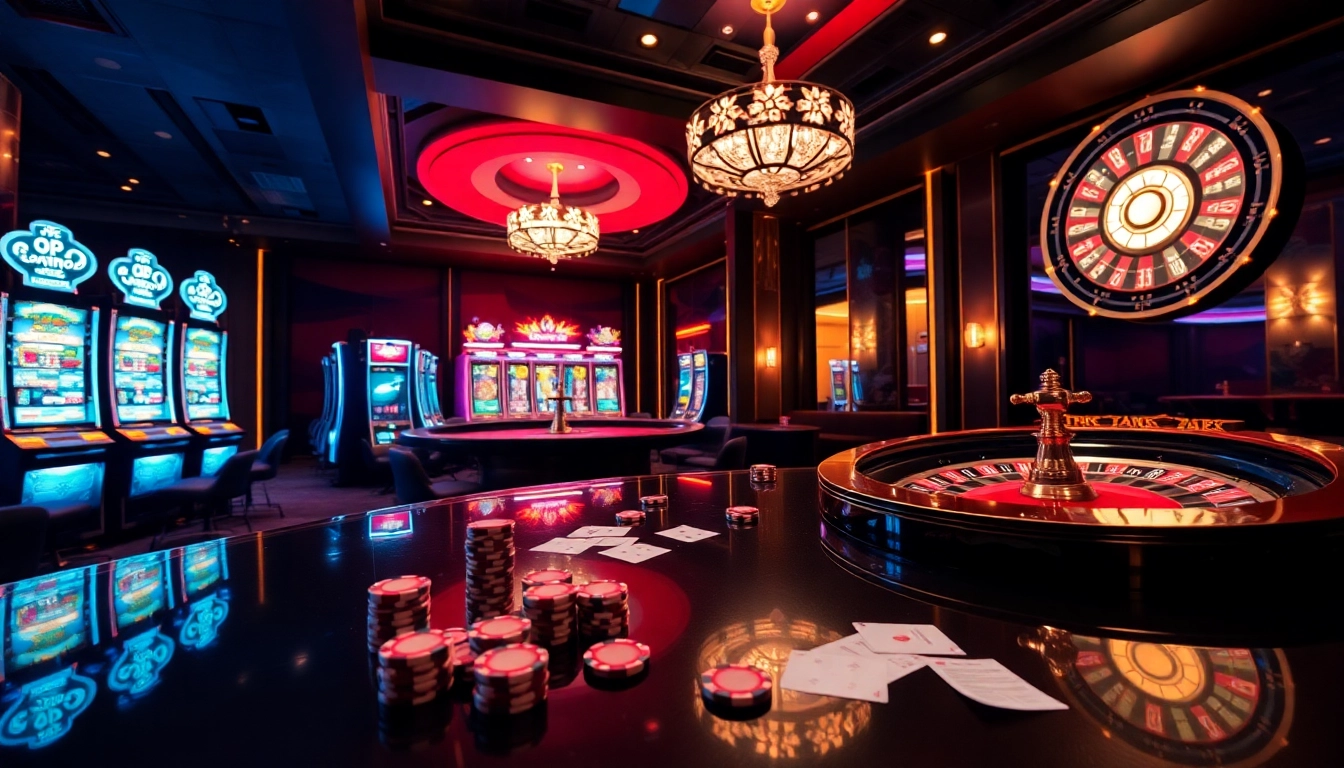 Experience the excitement of TR88 with dynamic casino tables filled with chips and vibrant slot machines.