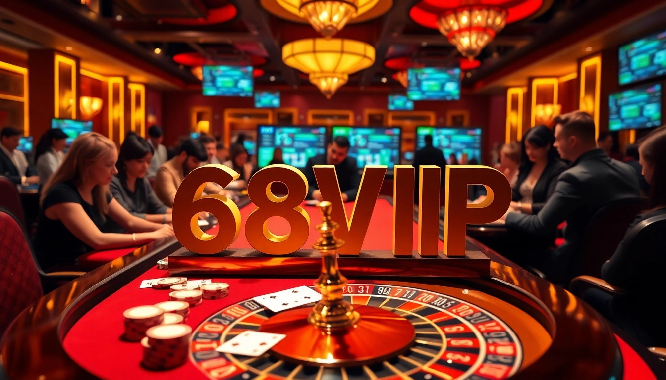 Active gamblers enjoying 68VIP games at a luxurious casino table with cards and chips.