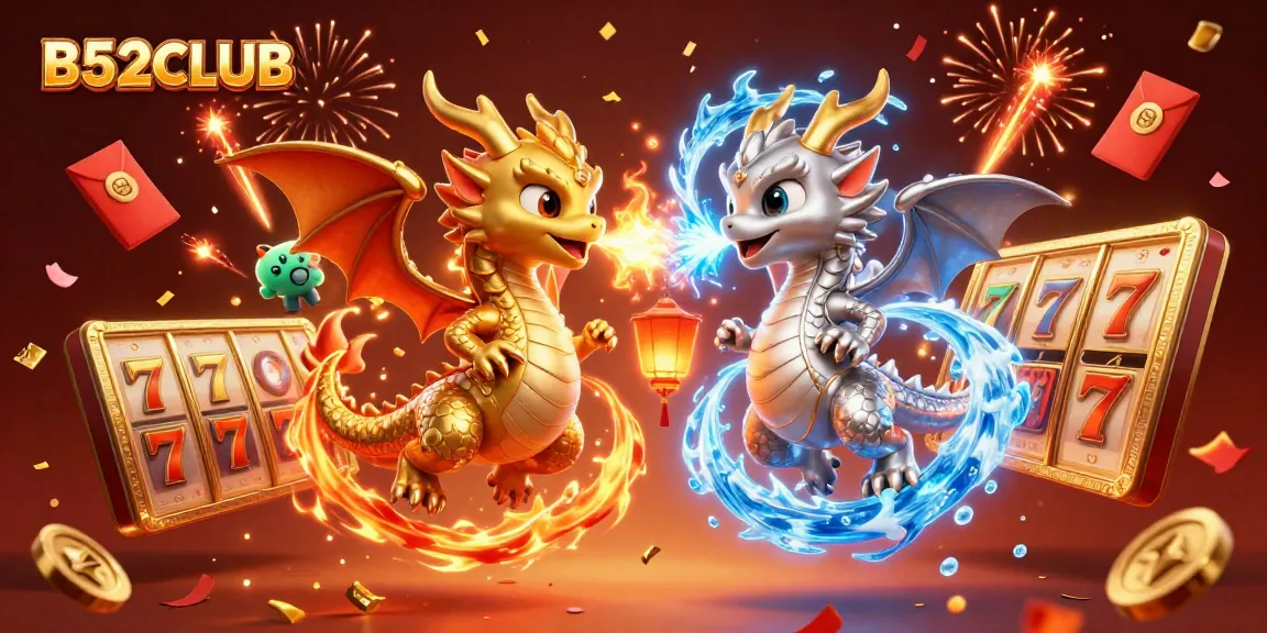 B52CLUB players enjoy a thrilling illustration of two dragons and exciting slot game elements.