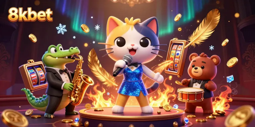 Engage with the thrilling visuals of 8xbet's vibrant casino scene featuring a jazz-singer cat.