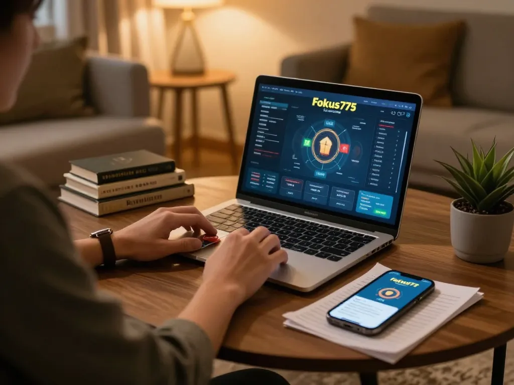 Player analyzing poker strategies using the Fokus777 app on laptop in a cozy home setup.