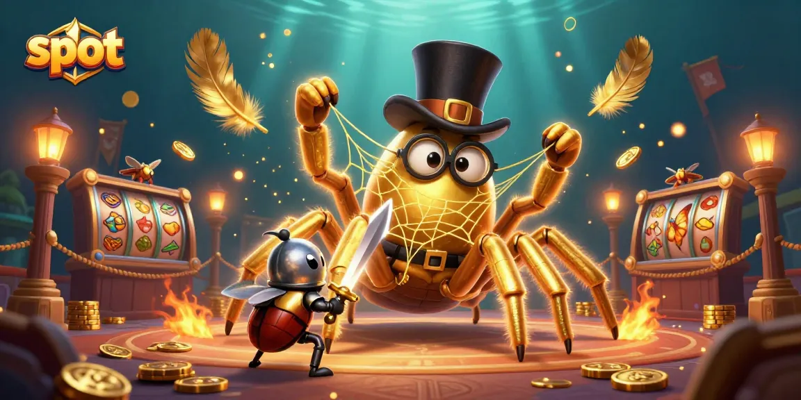 Spin dynamic slot games with a golden tarantula and beetle knight in a vibrant casino scene.