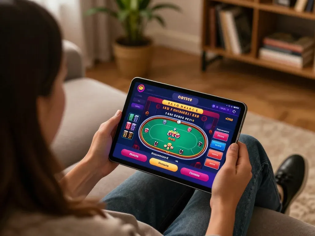 Engaging with the okfun casino app while relaxing at home, showcasing an exciting poker game on a tablet.