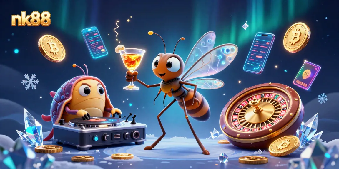 Experience thrilling games at nk88 with a dynamic casino scene showcasing unique characters and crypto elements.