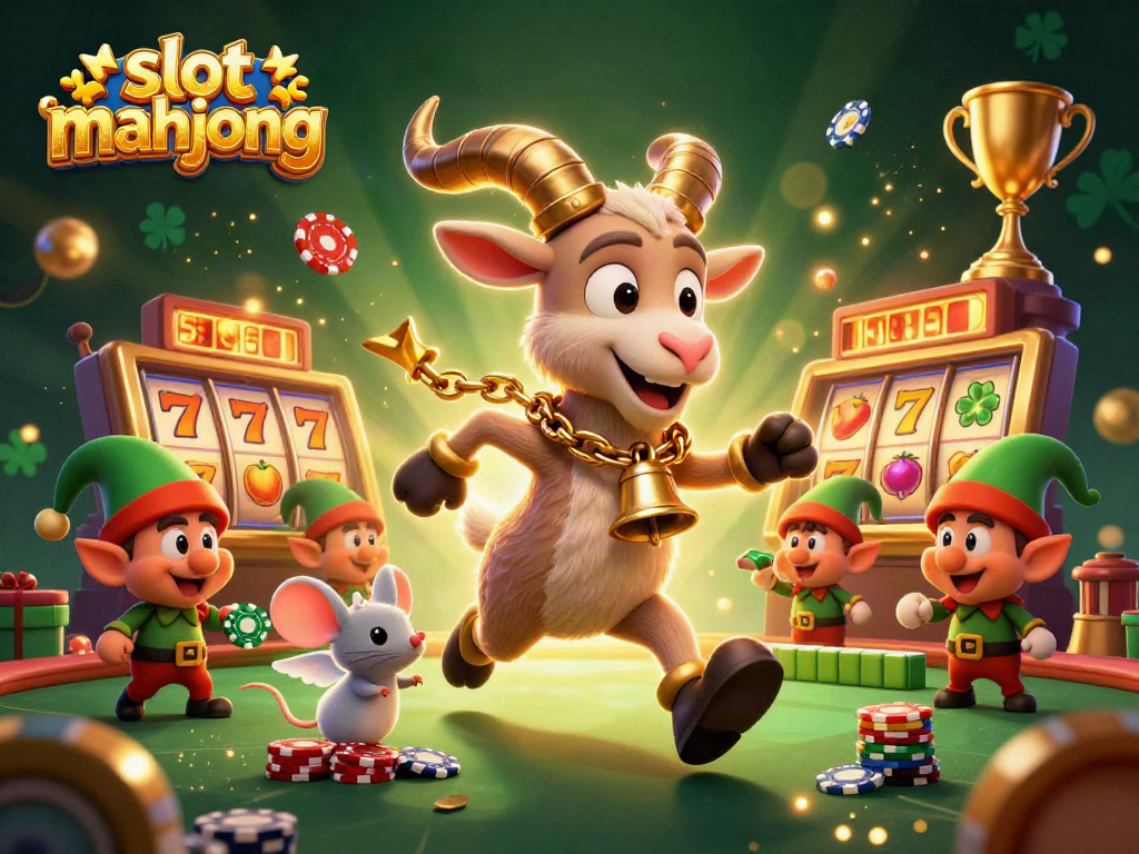 Engage in thrilling slot mahjong action with playful characters in a dynamic casino scene.