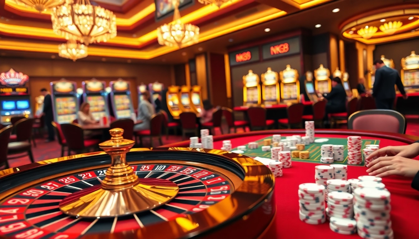 Gamblers enjoying thrilling games at NK88's luxurious casino tables with roulette and poker.