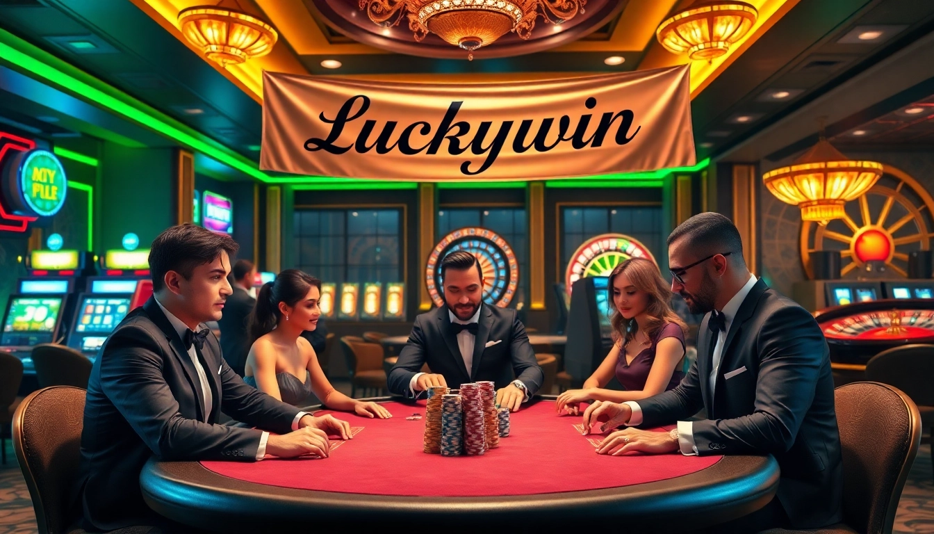 Experience the thrill of Luckywin at an upscale casino with vibrant poker games and colorful chips.