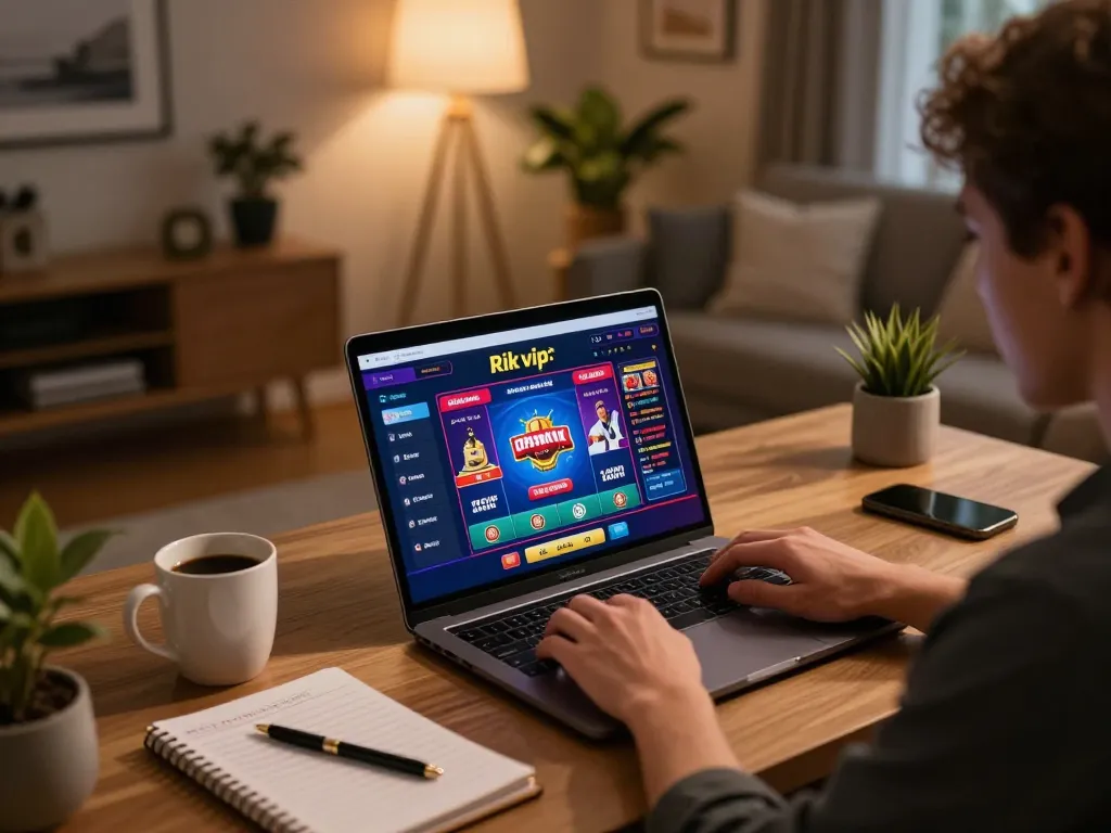 Engaging gameplay experience on Rik vip online platform, stylish home office with laptop displaying casino games.