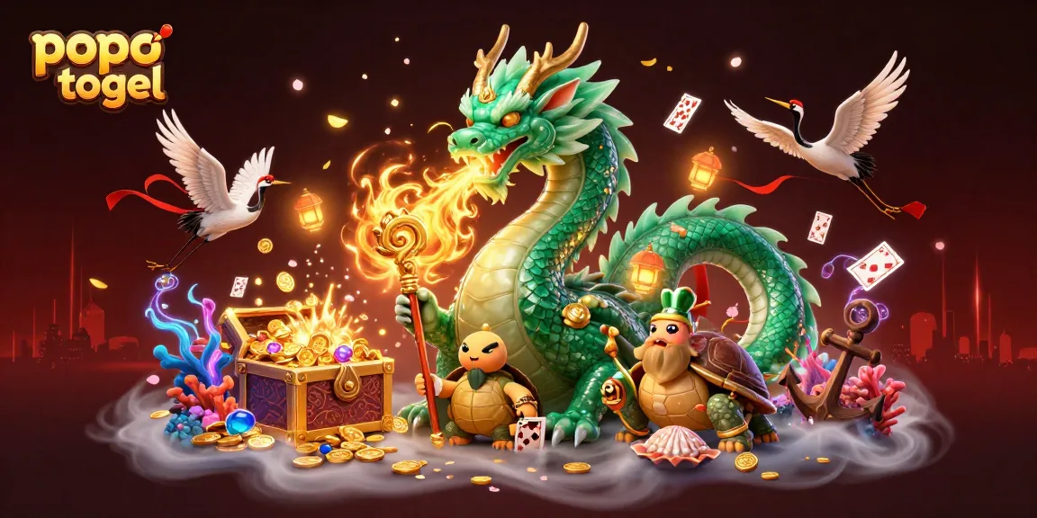 Experience the thrilling allure of popo togel with a mystical 3D illustration featuring a jade dragon, turtle sage, and lucky cranes.
