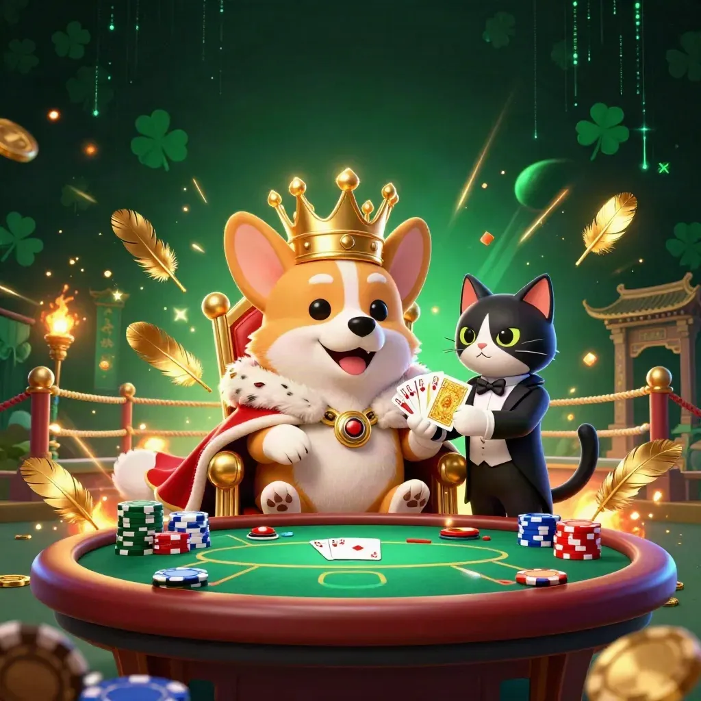 Royal corgi king and cat butler amid poker chips, coins, temple gate, and neon casino magic.