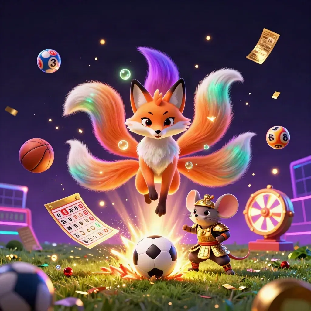 Neon fox spirit and samurai mouse amid explosive soccer impact, casino icons swirling.