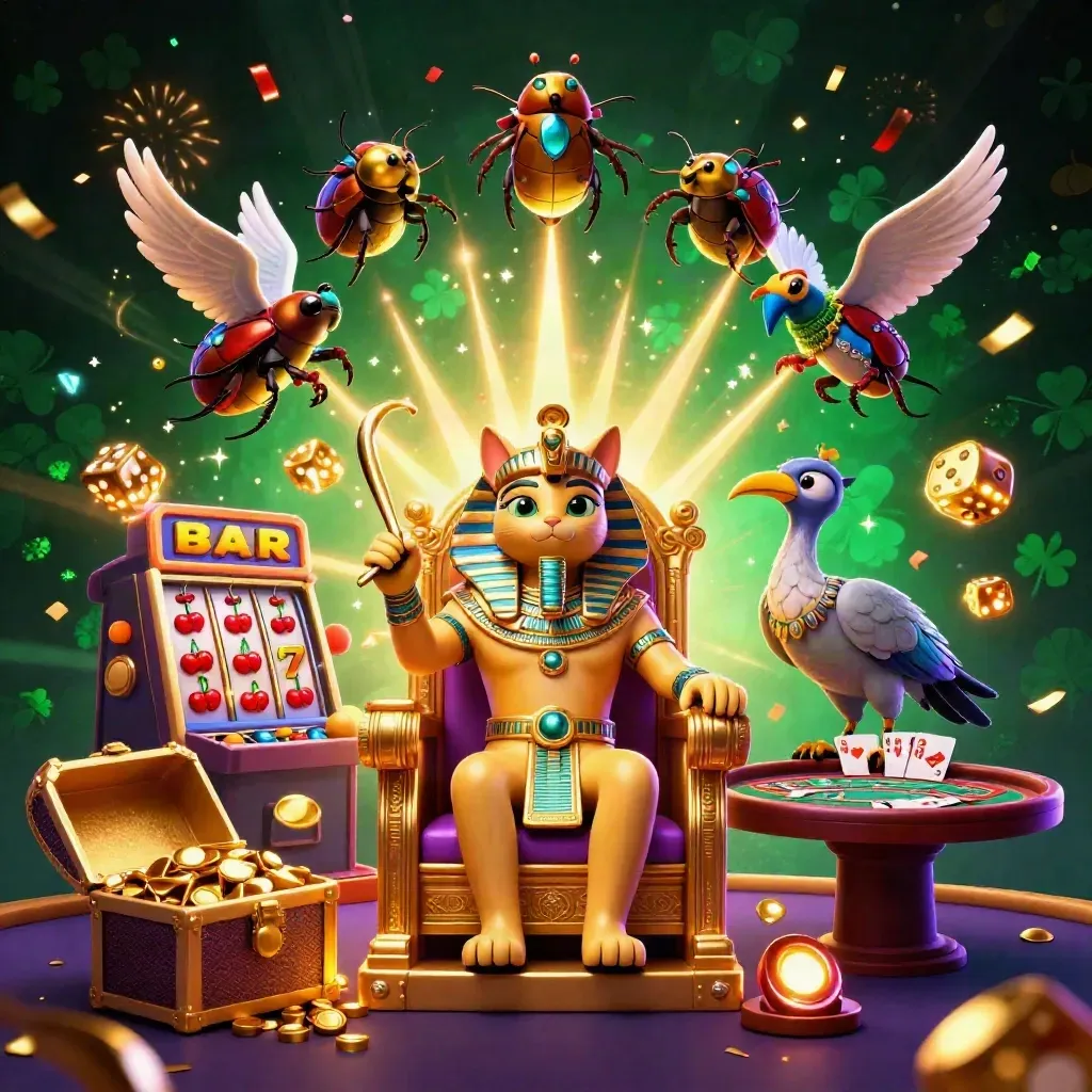 Pharaoh cat king, ibis scribe, scarab beetles, jackpot slot burst, roulette, gold and neon casino glow.