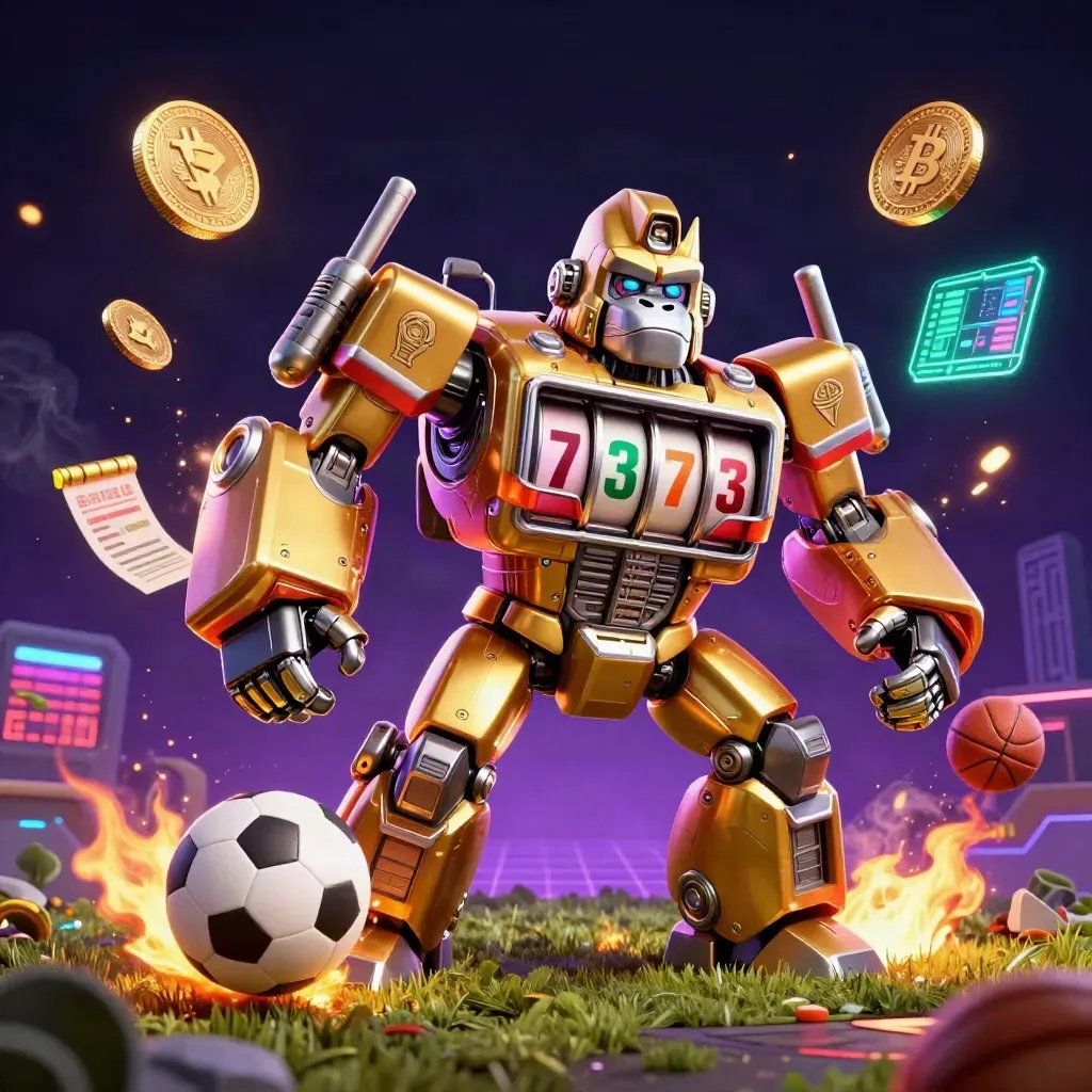 Golden gorilla mech and monkey pilot amid flying coins, balls, lightning and casino neon.