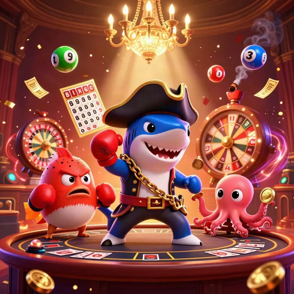 Pirate shark, boxing pufferfish, and juggling octopus amid casino lights and flying gold.