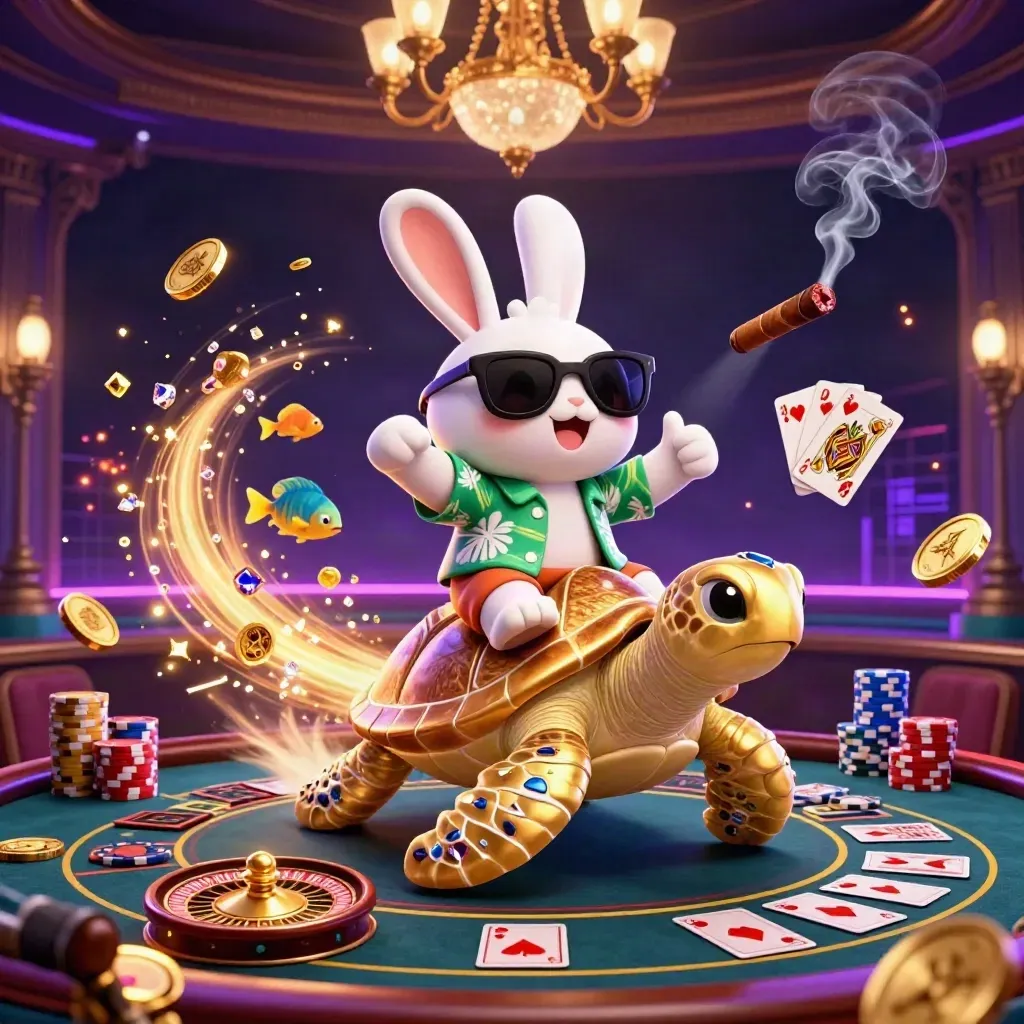 Lucky rabbit on golden sea turtle amid roulette, coins, gems, cards, chips, and casino neon