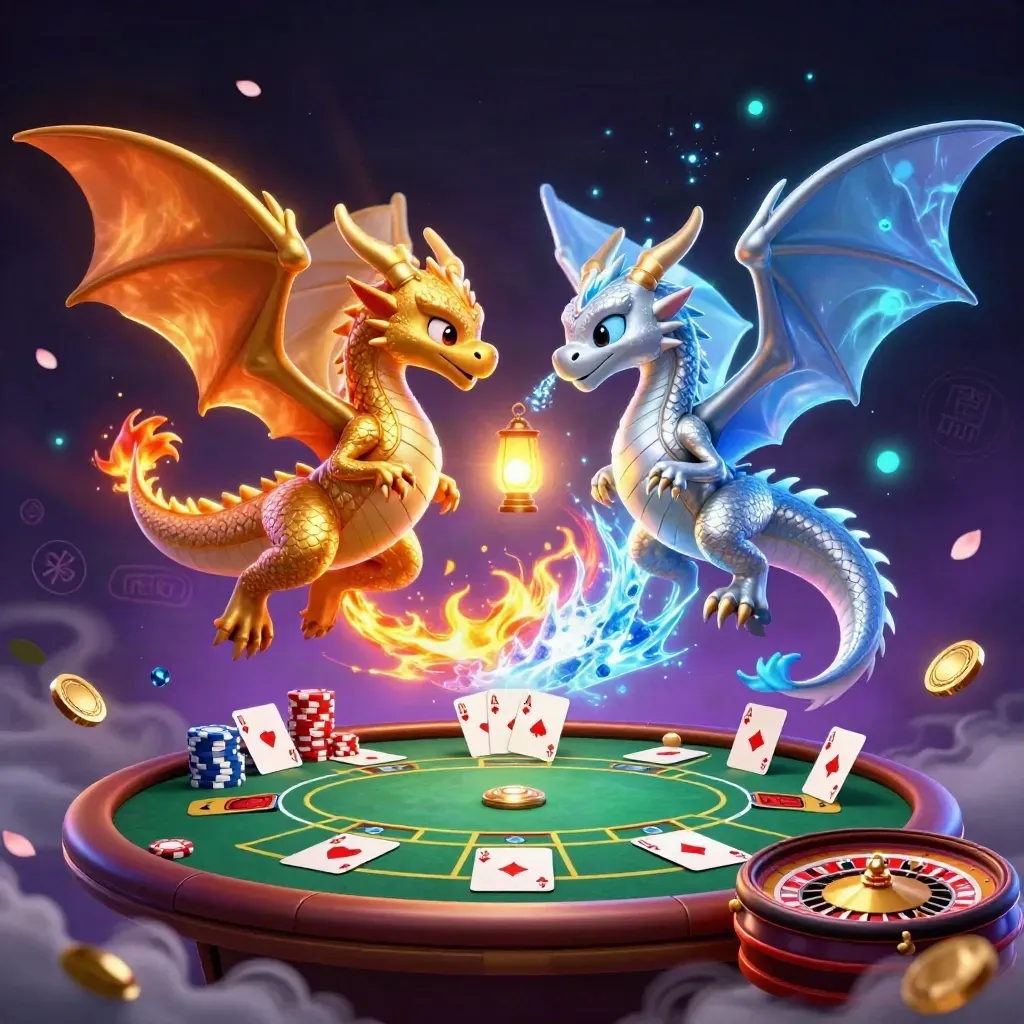 Twin gold and silver dragons swirl in a neon casino scene with cards, chips, and magical lights.