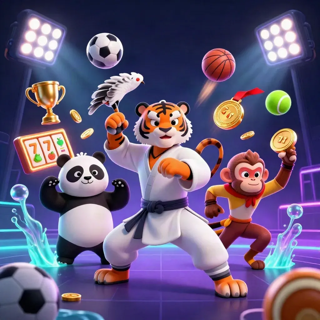 Tiger, panda, and monkey kung-fu heroes amid flying balls, coins, and neon casino glow.