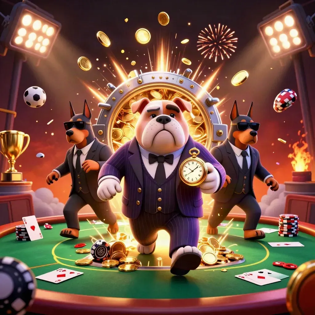 Bulldog mob boss with Dobermans, poker chips, coins, trophy and sports balls exploding in casino neon.