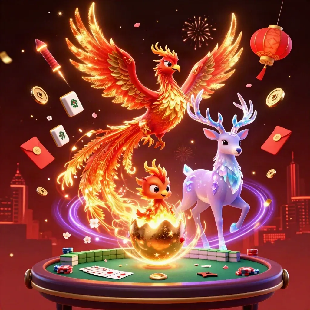Phoenix trio amid gold coins, fireworks, poker chips, lanterns, and a royal flush